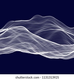 Abstract tecnology wave background. White threads on black or dark blue.