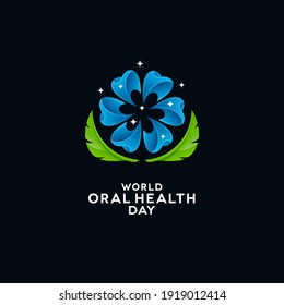 Abstract teeth with flower head and leaves on black background. World Oral Health Day greeting card and dental banner designs.