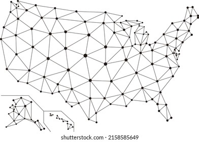Abstract telecommunication USA map with circles, lines and grids, Map of America internet network mesh. Social communications background. Vector illustration,