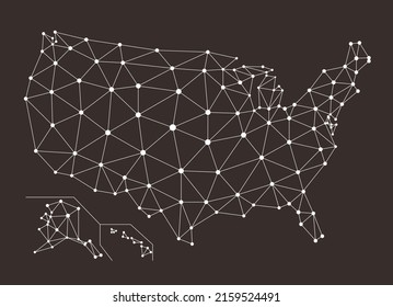 Abstract telecommunication USA map with circles, lines and grids, Map of America internet network mesh. Social communications background. Vector illustration,