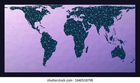 Abstract telecommunication world map. Cylindrical equal-area projection. World network map. Wired globe in Cylindrical Equal Area projection on geometric low poly background.