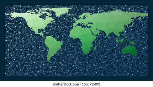 Abstract telecommunication world map. Equirectangular projection. Green low poly world map with network background. Attractive connected globe for infographics or presentation. Vector. svg