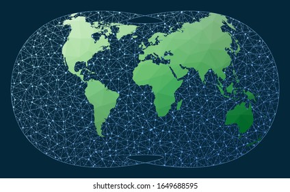 Abstract telecommunication world map. Laskowski projection. Green low poly world map with network background. Creative connected globe for infographics or presentation. Vector.