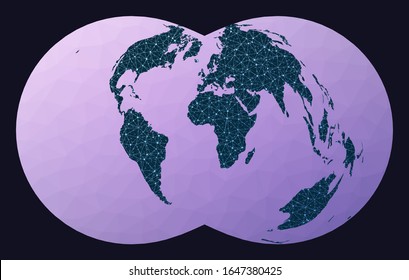Abstract telecommunication world map. Rectangular (War Office) polyconic projection. World network map. Wired globe in Rectangular Polyconic projection on geometric low poly background.
