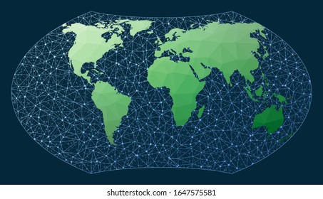 Mapa mundial abstracto de las telecomunicaciones. Proyección Wagner. Mapa verde del mundo con fondo de red. Globo conectado de moda para infografías o presentaciones. Vector.