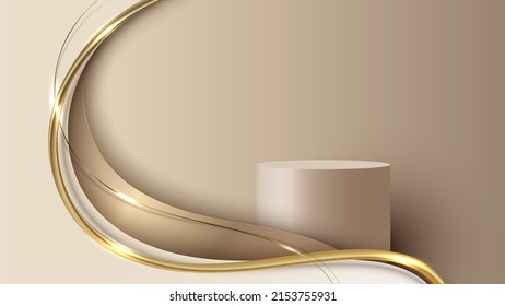 Abstract template 3D cylinder podium elegant golden wave shape with shiny gold line sparkling lighting on cream background luxury style. Vector illustration