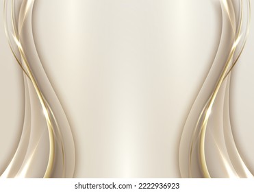 Abstract template 3D elegant golden wave shape with shiny gold line sparkling lighting on gold background luxury style. Vector illustration