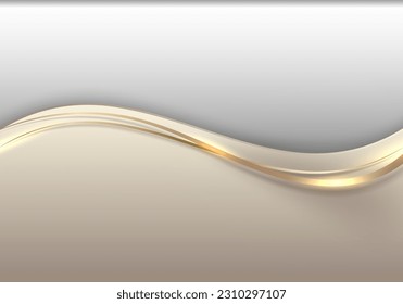 Abstract template 3D elegant golden wave shape with shiny gold line sparkling lighting on white background luxury style. Vector illustration