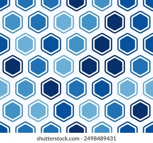 Abstract template background. Bold rounded hexagons mosaic cells with padding and inner solid cells. Blue color tones. Large hexagon shapes. Seamless pattern. Tileable vector illustration.
