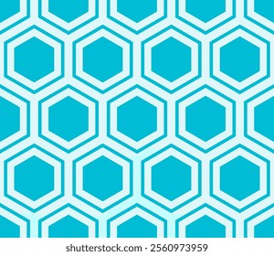 Abstract template background. Cyan color on matching background. Hexagon mosaic composition with inner solid cells. Large hexagons. Seamless design. Tileable vector illustration.