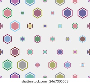 Abstract template background. Multicolored geometric elements of varied size. Hexagon bold mosaic cell with padding and inner solid cells. Large hexagon shapes. Tileable pattern.