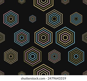 Abstract template background. Multicolored geometric elements of varied size. Hexagon stacked mosaic cells. Large hexagons. Tileable pattern. Seamless vector illustration.