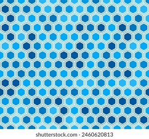 Abstract template background. Rounded hexagons mosaic pattern with inner solid cells. Blue color tones. Hexagon cells. Seamless pattern. Tileable vector illustration.