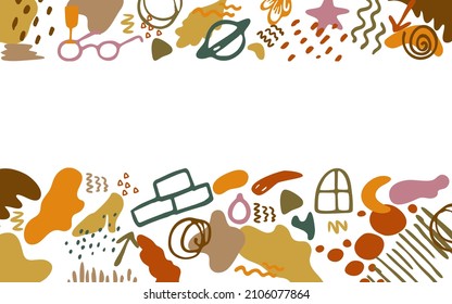 Abstract template for a banner text, a poster from hand-drawn in the style of doodles. Spots, stripes, drops, star, zigzag, handwriting, leaves. Vector illustration.