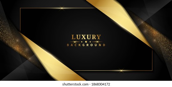 Abstract template black geometric oblique with golden line layer decoration glitter dot on dark background. Luxury style. Vector illustration 