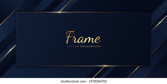 Abstract template blue frame stripes golden lines diagonal overlap background. Luxury style. Vector illustration