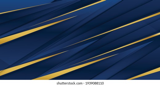 Abstract template blue geometric diagonal background with golden line. Luxury style. Abstract elegant dark blue texture composition with two arcs with gold border