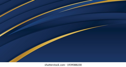 Abstract template blue geometric diagonal background with golden line. Luxury style. Abstract elegant dark blue texture composition with two arcs with gold border