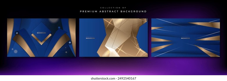 Abstract template blue geometric diagonal background with golden line. Luxury background with modern 3d bronze style.