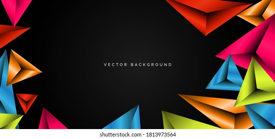 Abstract template colorful geometric triangles vibrant on black background with space for your text. Modern design. Vector illustration. 