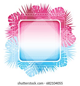 Abstract template with colorful gradient and tropical leaves. Trendy square banner with transparent geometric shapes