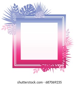 Abstract template with colorful gradient and tropical leaves. Trendy square banner