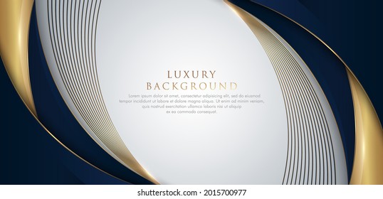 Abstract template dark blue curve shape. Premium luxury background with curve shape and gold lighting lines on background white. Luxury and elegant design. Suit for poster, cover, presentation.