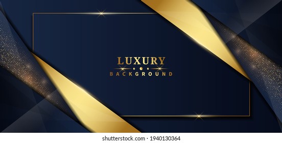 Abstract template dark blue geometric layered oblique shapes with golden line decoration and glitter dots on dark background. Luxury style. Vector illustration 