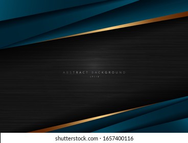Abstract template dark blue luxury premium on black background with geometric triangles pattern and golden striped lines. Vector illustration