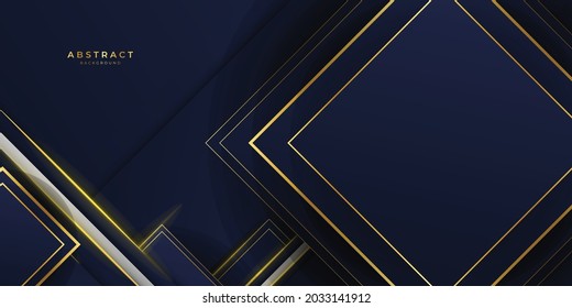 Plantilla abstracta fondo azul oscuro de lujo premium con patrón de triángulos de lujo y líneas de iluminación dorada