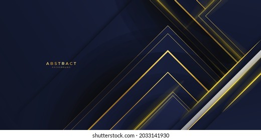 Plantilla abstracta fondo azul oscuro de lujo premium con patrón de triángulos de lujo y líneas de iluminación dorada