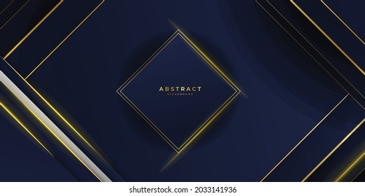 Abstract template dark blue luxury premium background with luxury triangles pattern and gold lighting lines