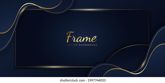 Abstract template dark blue wave and curve geometric  with golden line on dark background. Luxury style. Frame background. Vector illustration 