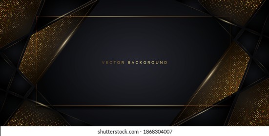 Abstract template dark geometric oblique with golden line layer decoration glitter dot on dark background. Luxury style. Vector illustration 