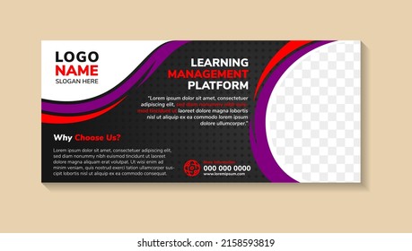 abstract template design with headline is learning management platform. space of photo collage and text. Advertising banner with horizontal layout. red purple wave element in black background.