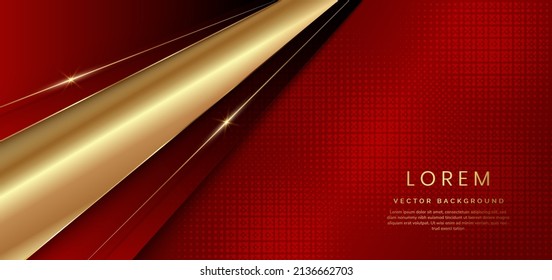 Abstract template elegant 3D golden diagonal triangle overlapping with lighting effect on dark red background with copy space for text. Luxury premium concept. Vector illustration