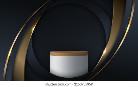 Plantilla abstracta elegante cilindro blanco 3D curva de podio azul y dorado con iluminación en el fondo azul oscuro estilo lujoso. Ilustración gráfica del vector