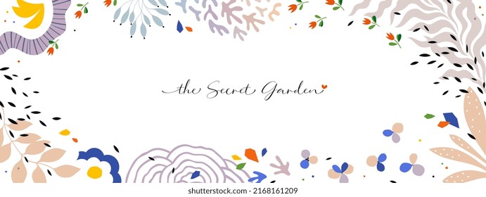 Abstract template with floral and geometric elements on white background. Suitable for email header advertisement, display Ads, post in social networks, events and page cover, business card and poster