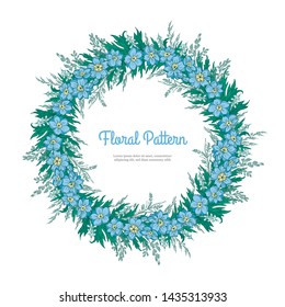 Abstract template floral round pattern on white background. Garlands blue flower delphinium and spikelets. Romantic frame greeting card for invitation, wedding, birthday isolated. Vector illustration