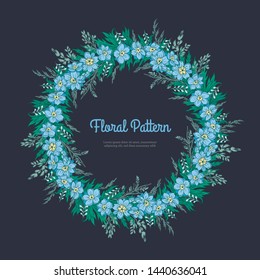 Abstract template floral round pattern on dark background. Garlands blue flower delphinium and spikelets. Romantic frame greeting card for invitation, wedding, birthday isolated. Vector illustration