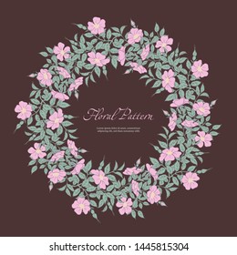 Abstract template floral round pattern hand drawing. Garlands flower dog rose and branch. Romantic frame greeting card for invitation, wedding, birthday isolated. Vector illustration