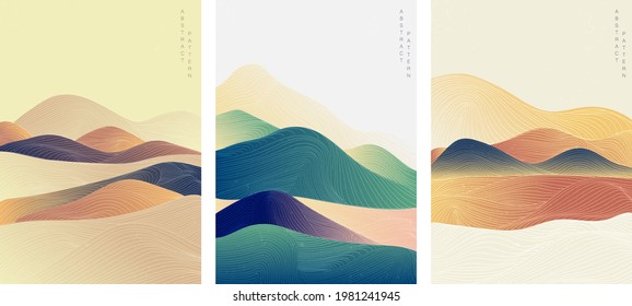 Abstract template with geometric pattern. Mountain forest banner design in vintage style. Japanese background with line wave pattern vector. 