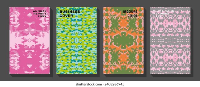 Abstract template with geometric pattern. Mountain layout design in oriental style. Set of bouquets with flowers. Interior painting.