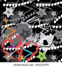 Abstract template for girls and boys. Creative original modern childish background with stars and sparkles. Neon green, pink and silver stars on a dark purple background. chaotic fashion Wallpaper