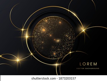 Resumen plantilla de círculo dorado solapamiento geométrico con línea dorada lustre punto sobre fondo negro. Estilo de lujo. Ilustración del vector 