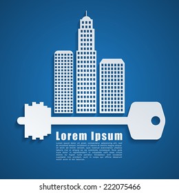 Abstract template with house and key on blue background