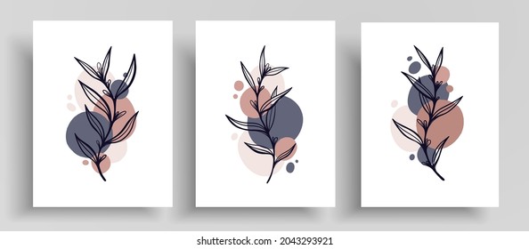 Abstract template layout with botanical elements and round shapes. Vector covers set with outline plants and pastel circles that designed for wall decoration, postcard or poster, cover design.