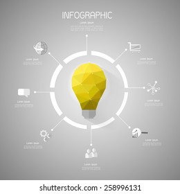 Abstract template, Light bulb low poly style with flat icons set