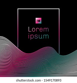 Abstract template line wave pattern vibrant green and pink color with rectangle frame on black background. Vector illustration