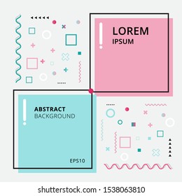 Abstract template minimal geometric pink and blue color with square frame on white background memphis style. Vector illustration